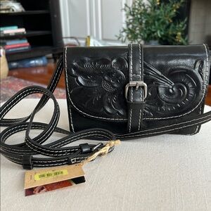 Patricia Nash Black Tooled Leather Crossbody with White Stitching